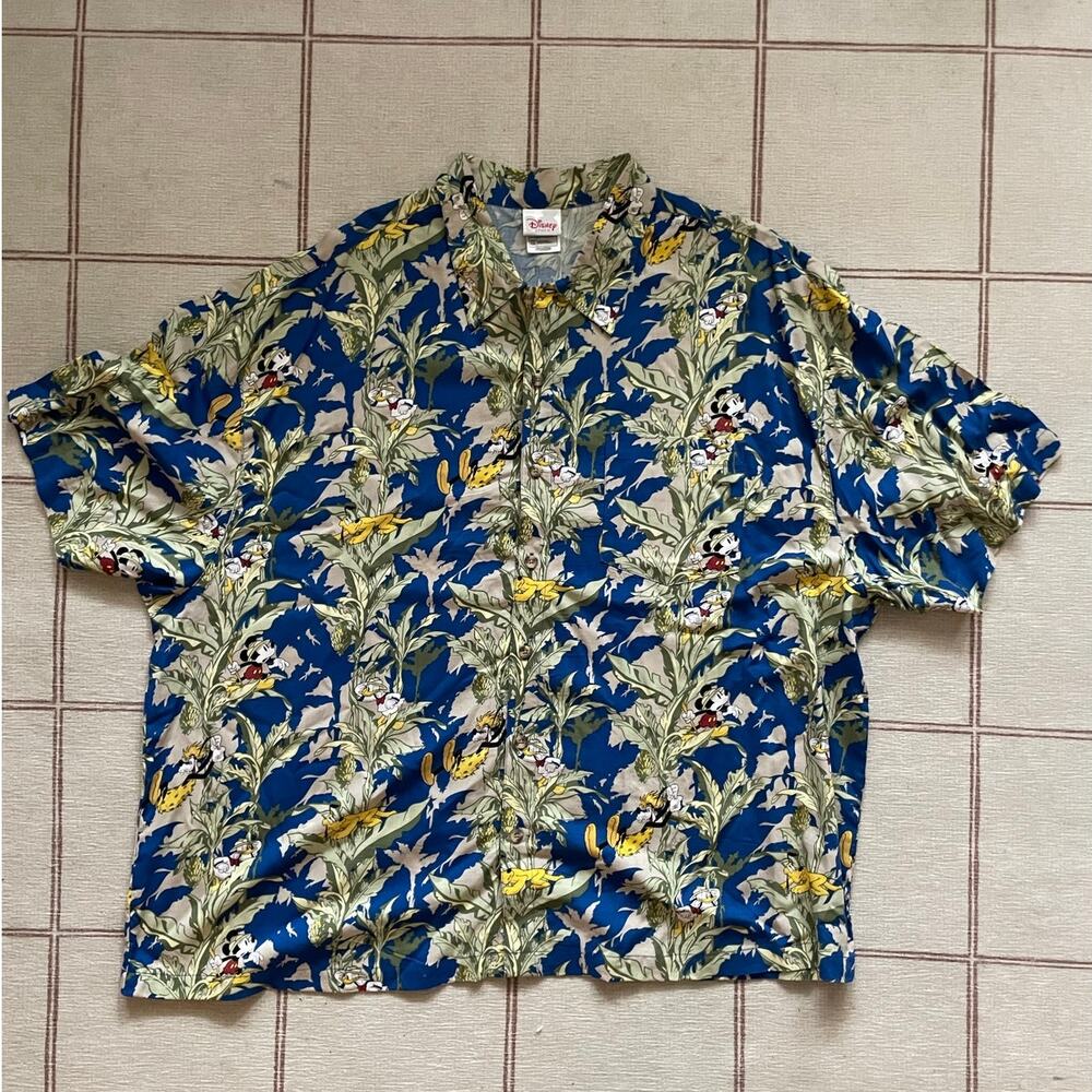 Disney Blue Hawaiian Shirt  XXL All Over Jungle Theme Pluto Goofy Mickey Donald